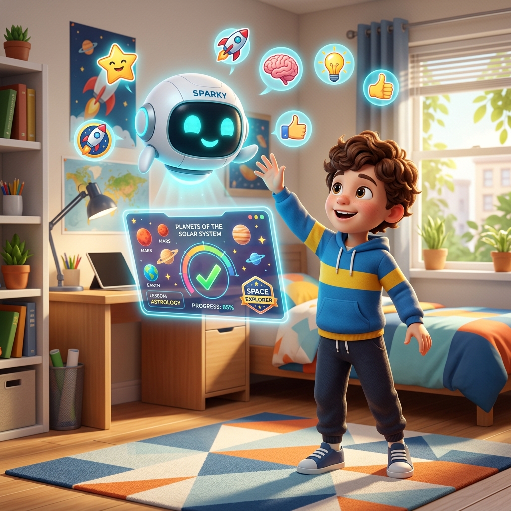 Child interacting with Sparky AI guide